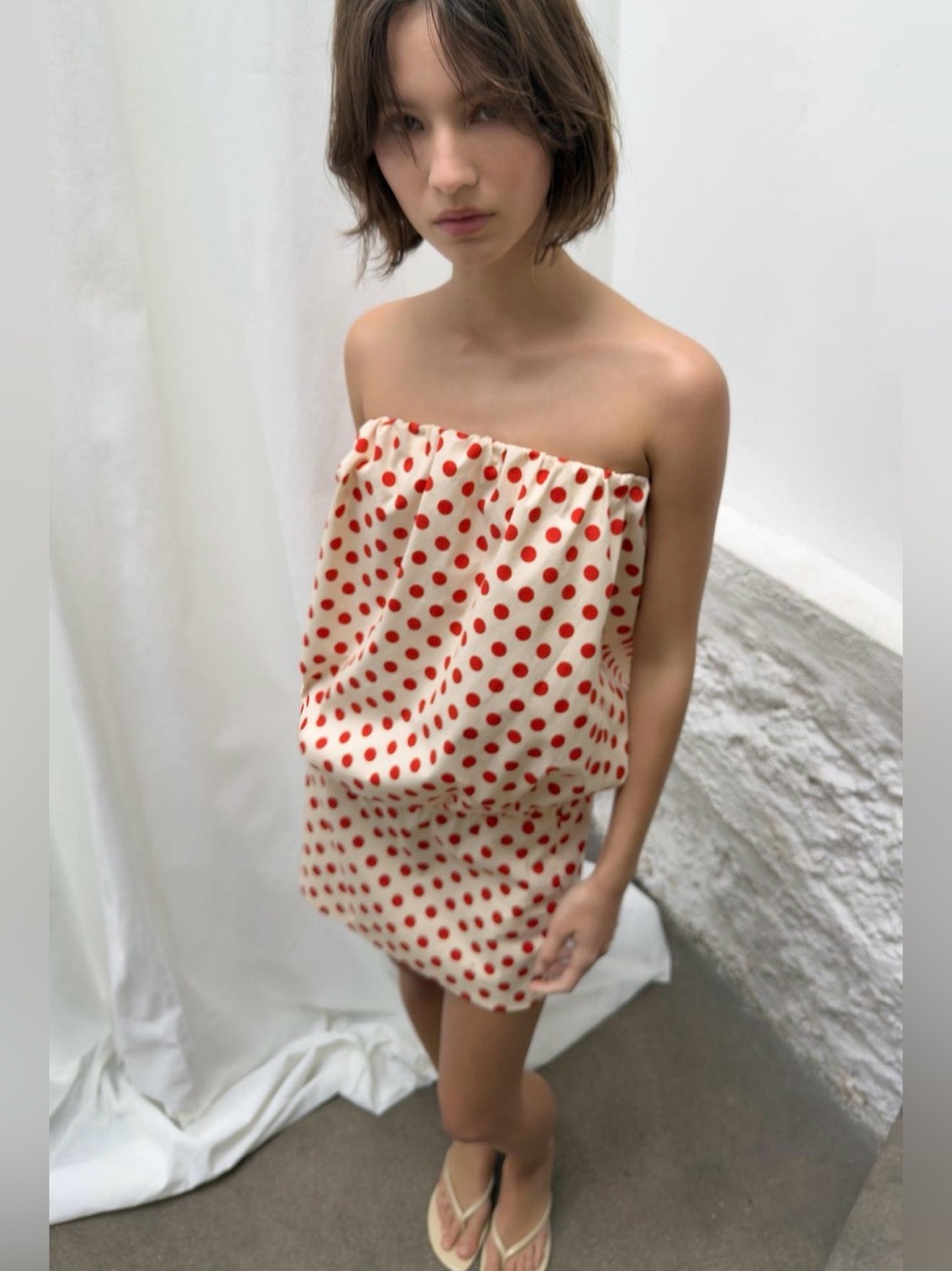 Zara Strapless Cream Mini Dress with Red Polka Dots